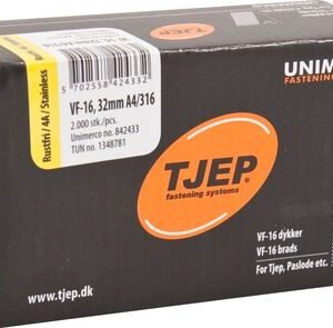 Tjep VF-16 Brads VF-16, 32 mm Glad Vlakke kop RVS A4 strip 2000st 1,6x32mm